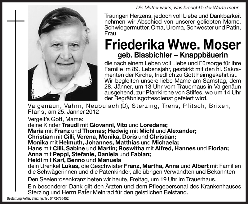  Traueranzeige für Friederika Moser vom 27.01.2012 aus Dolomiten