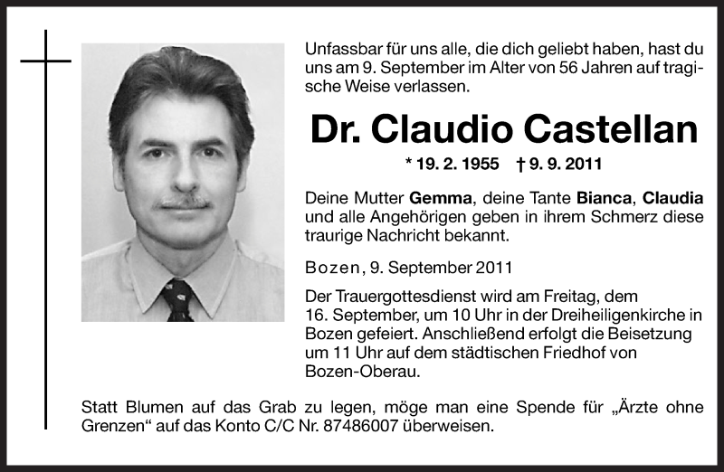  Traueranzeige für Claudio Castellan vom 15.09.2011 aus Dolomiten