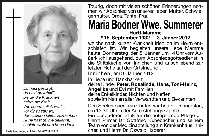  Traueranzeige für Maria Summerer vom 05.01.2012 aus Dolomiten