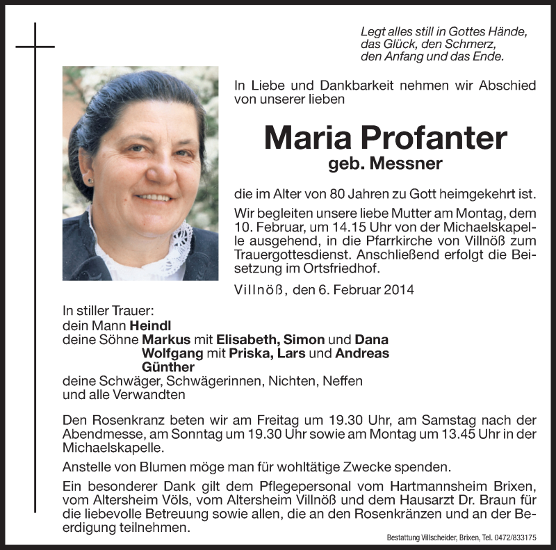  Traueranzeige für Maria Profanter vom 08.02.2014 aus Dolomiten