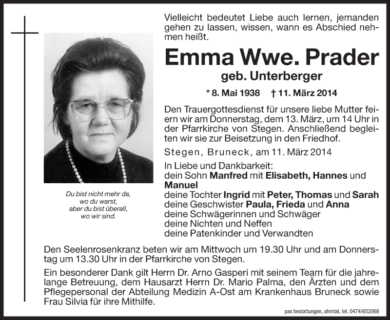  Traueranzeige für Emma Prader vom 12.03.2014 aus Dolomiten