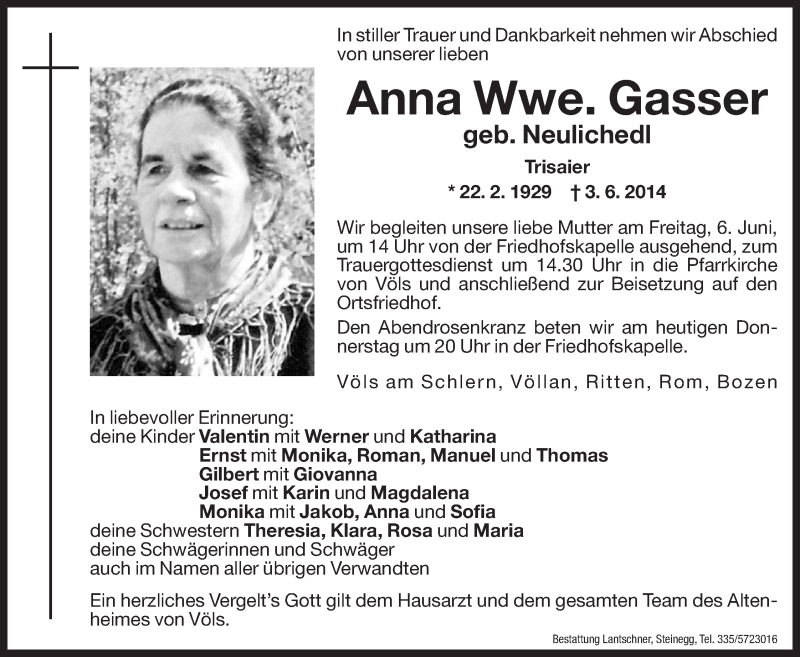  Traueranzeige für Anna Gasser vom 05.06.2014 aus Dolomiten