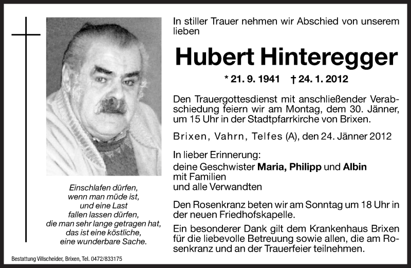  Traueranzeige für Hubert Hinteregger vom 27.01.2012 aus Dolomiten