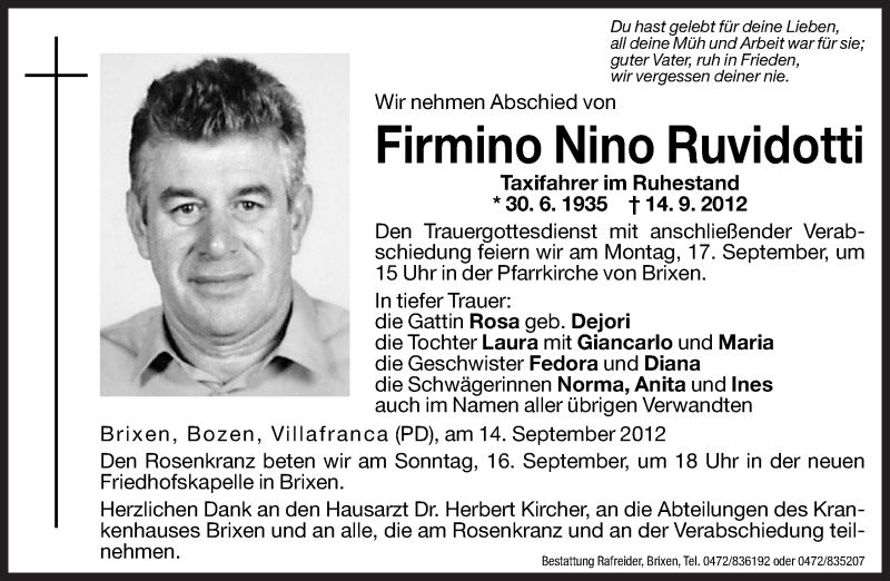  Traueranzeige für Firmino Nino Ruvidotti vom 15.09.2012 aus Dolomiten