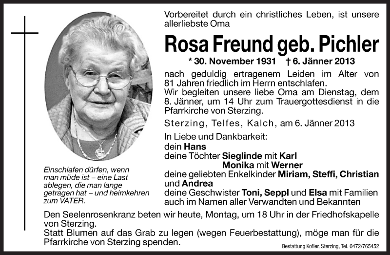  Traueranzeige für Rosa Freund vom 07.01.2013 aus Dolomiten