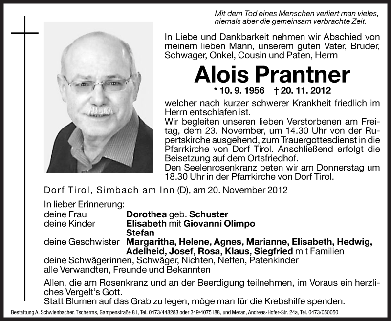  Traueranzeige für Alois Prantner vom 21.11.2012 aus Dolomiten