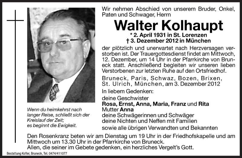  Traueranzeige für Walter Kolhaupt vom 11.12.2012 aus Dolomiten