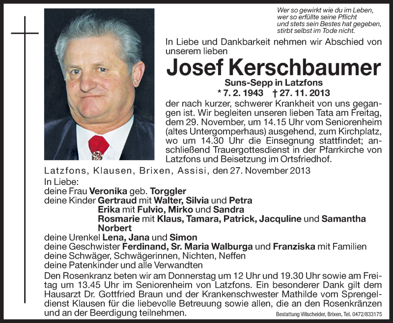  Traueranzeige für Josef Kerschbaumer vom 28.11.2013 aus Dolomiten