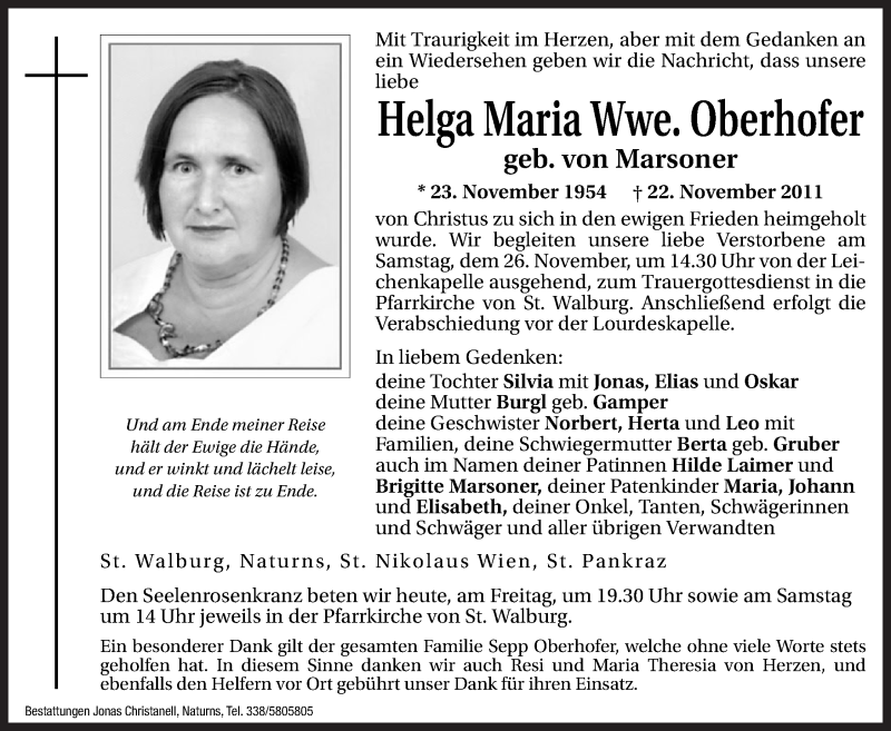  Traueranzeige für Helga Marie Oberhofer vom 25.11.2011 aus Dolomiten