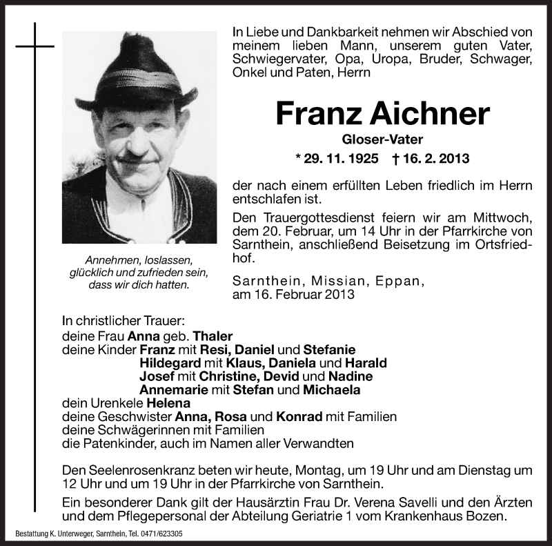  Traueranzeige für Franz Aichner vom 18.02.2013 aus Dolomiten