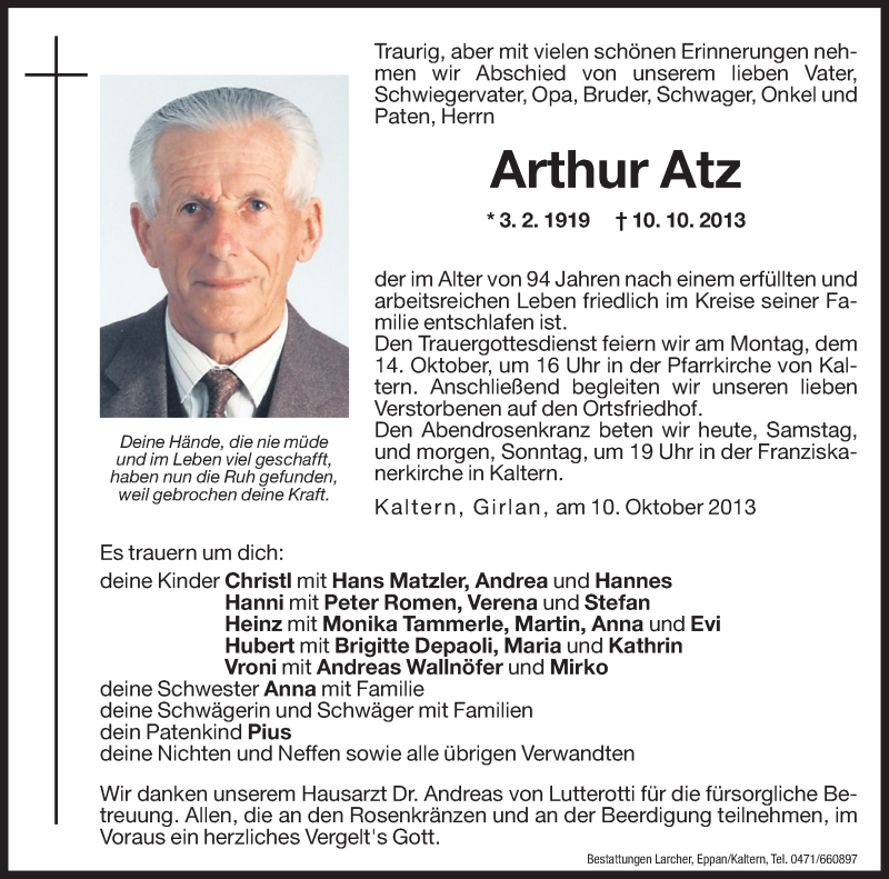  Traueranzeige für Arthur Atz vom 12.10.2013 aus Dolomiten