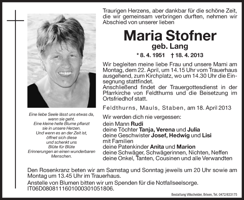  Traueranzeige für Maria Stofner vom 20.04.2013 aus Dolomiten