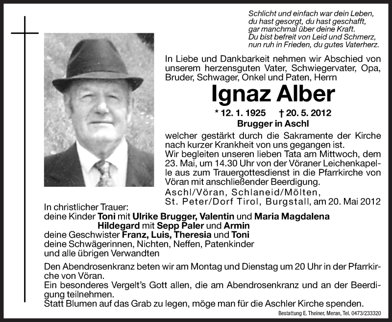  Traueranzeige für Ignaz Alber vom 21.05.2012 aus Dolomiten