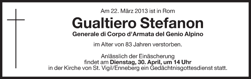  Traueranzeige für Gualtiero Stefanon vom 27.04.2013 aus Dolomiten