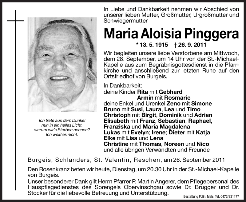  Traueranzeige für Maria Aloisia Pinggera vom 27.09.2011 aus Dolomiten