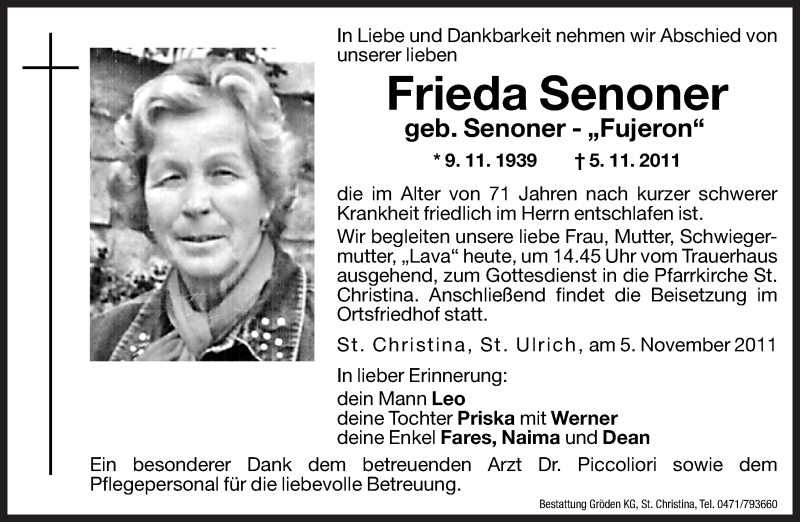  Traueranzeige für Frieda Senoner vom 07.11.2011 aus Dolomiten