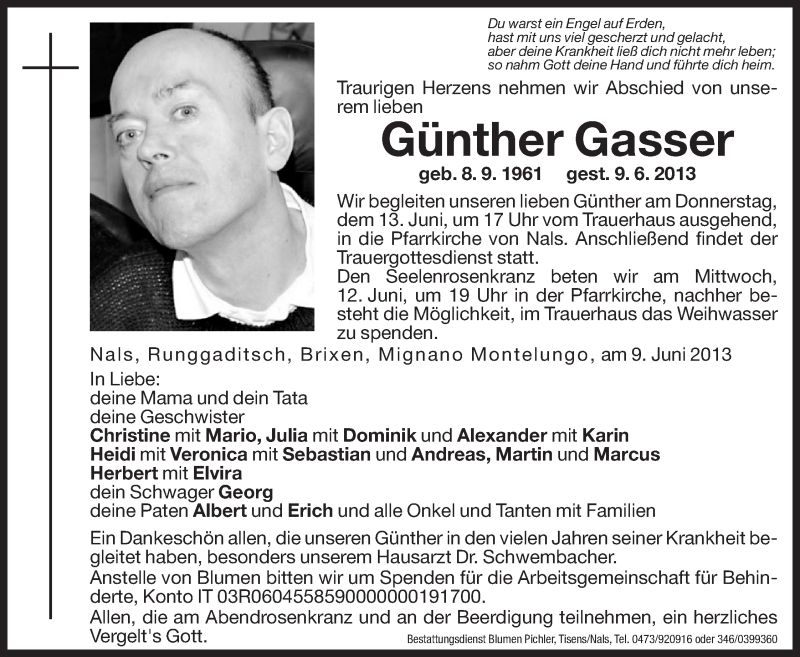  Traueranzeige für Günther Gasser vom 12.06.2013 aus Dolomiten