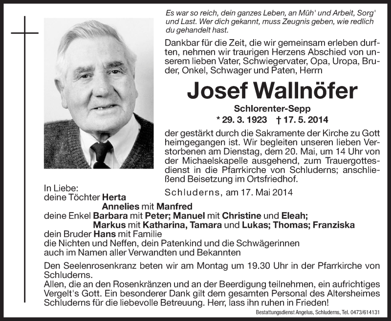  Traueranzeige für Josef Wallnöfer vom 19.05.2014 aus Dolomiten