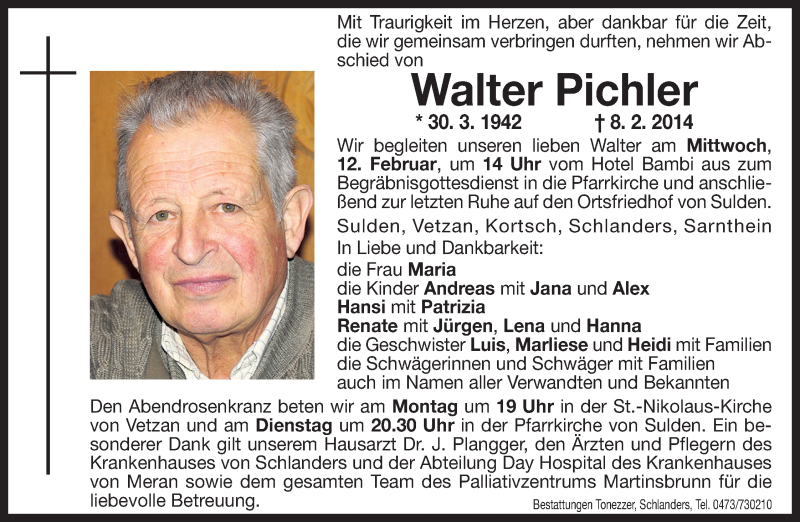  Traueranzeige für Walter Pichler vom 10.02.2014 aus Dolomiten