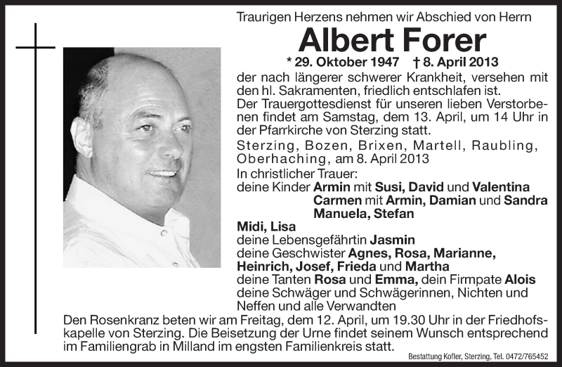  Traueranzeige für Albert Forer vom 11.04.2013 aus Dolomiten