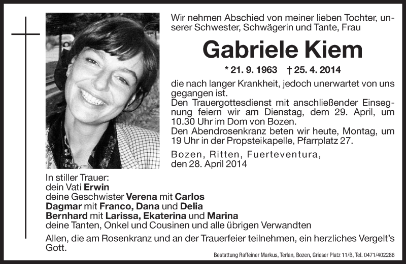  Traueranzeige für Gabriele Kiem vom 28.04.2014 aus Dolomiten