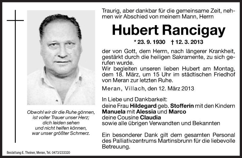  Traueranzeige für Hubert Rancigay vom 15.03.2013 aus Dolomiten