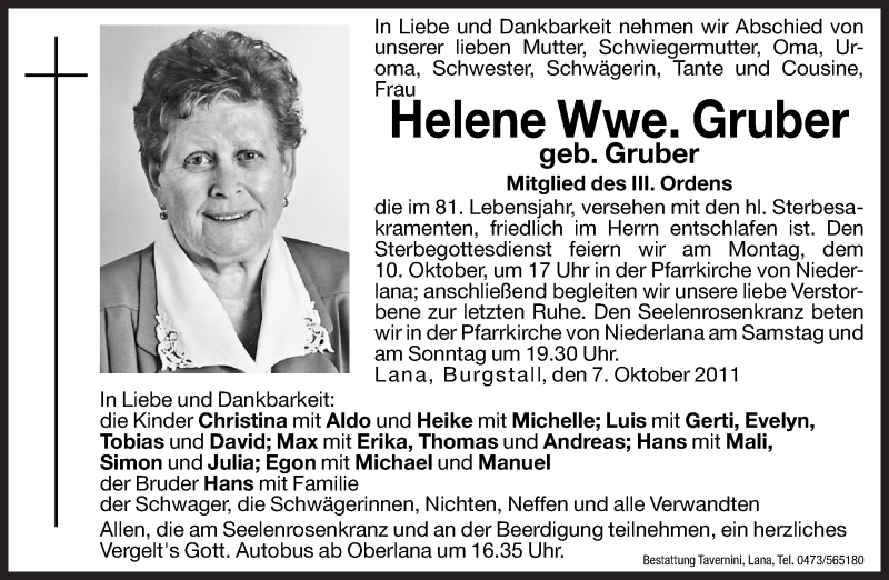  Traueranzeige für Helene Gruber vom 08.10.2011 aus Dolomiten