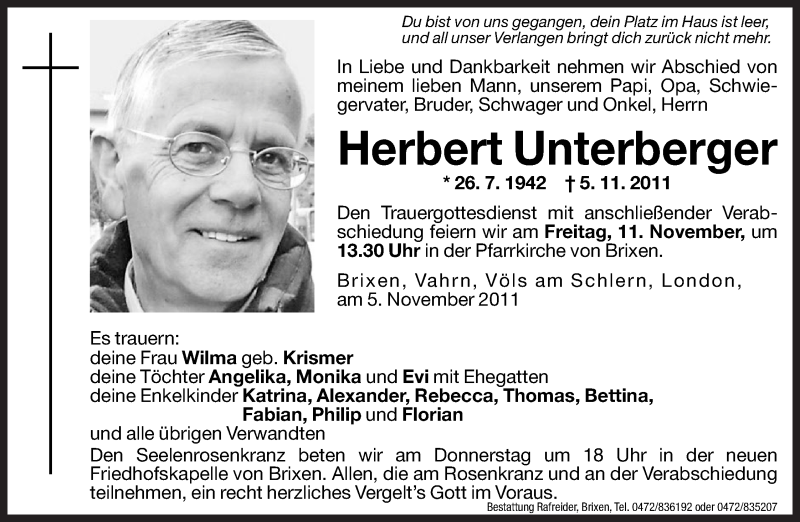  Traueranzeige für Herbert Unterberger vom 10.11.2011 aus Dolomiten