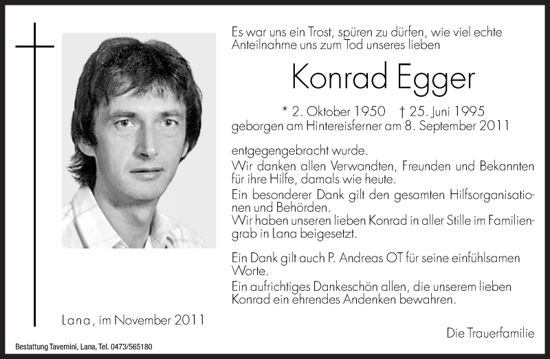  Traueranzeige für Konrad Egger vom 11.04.2011 aus Dolomiten