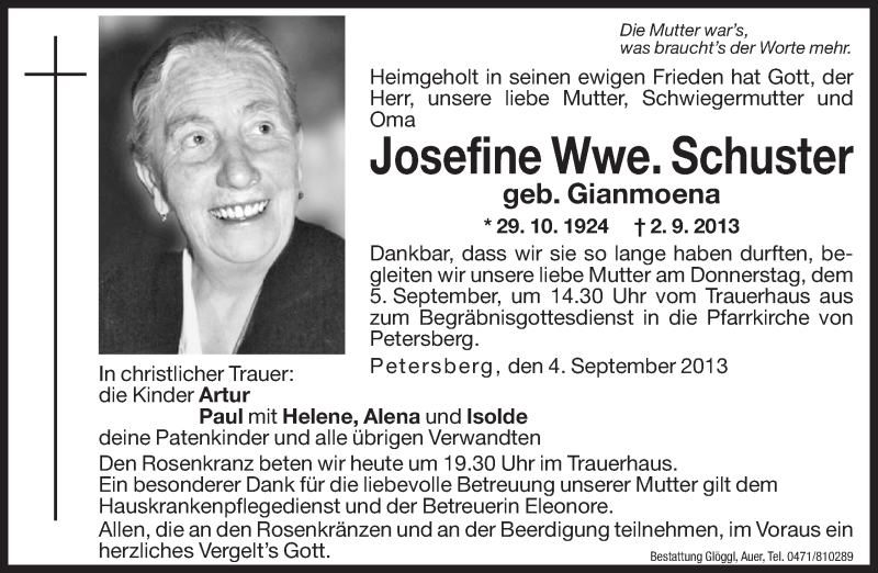  Traueranzeige für Josefine Schuster vom 04.09.2013 aus Dolomiten