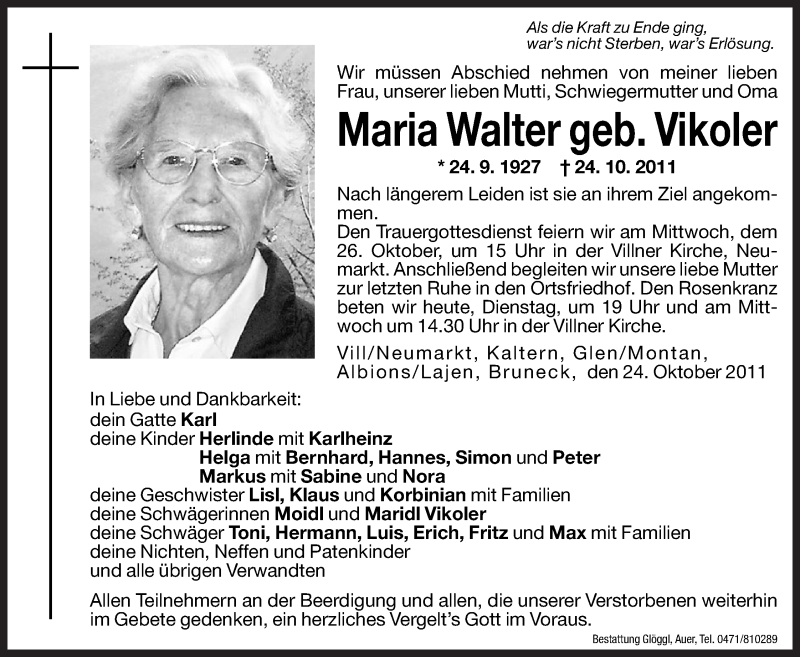  Traueranzeige für Maria Walter vom 01.01.0001 aus Dolomiten