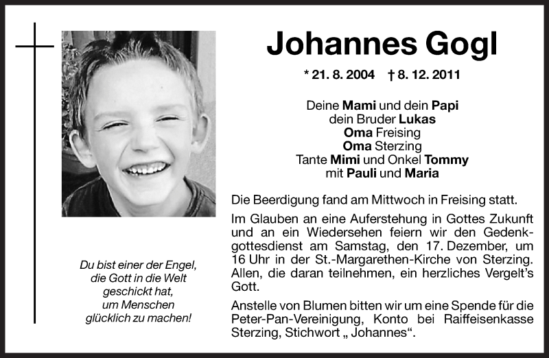  Traueranzeige für Johannes Gogl vom 16.12.2011 aus Dolomiten