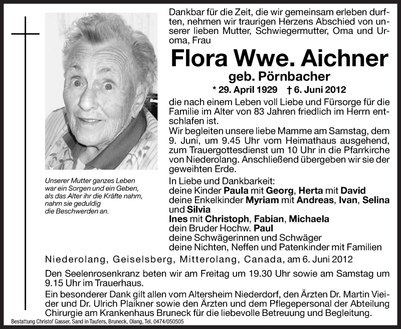  Traueranzeige für Flora Aichner vom 08.06.2012 aus Dolomiten