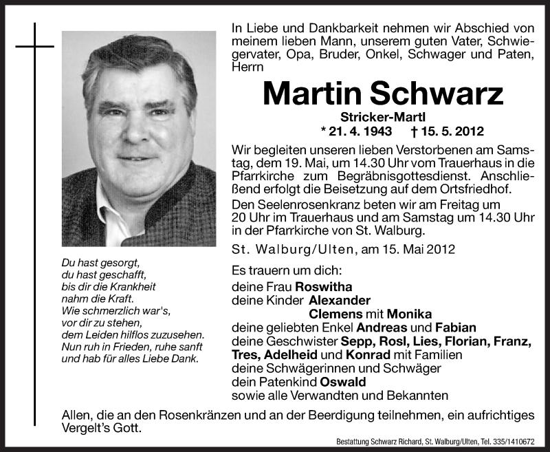  Traueranzeige für Martin Schwarz vom 18.05.2012 aus Dolomiten