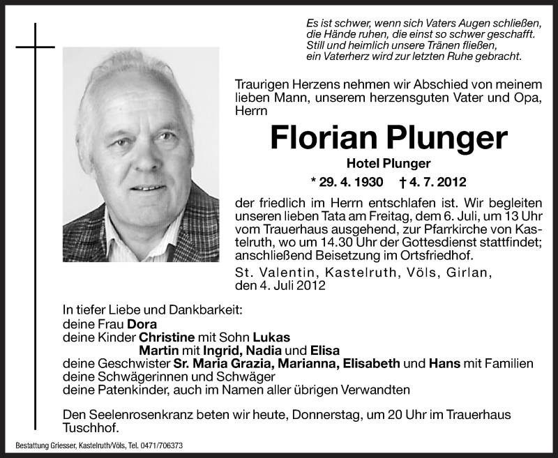  Traueranzeige für Florian Plunger vom 05.07.2012 aus Dolomiten