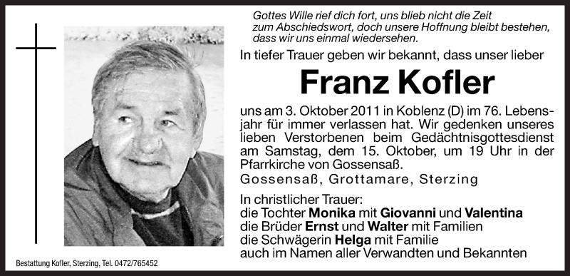  Traueranzeige für Franz Kofler vom 06.10.2011 aus Dolomiten