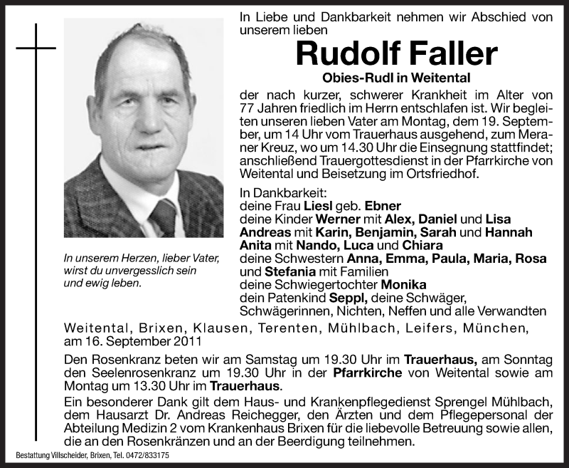  Traueranzeige für Rudolf Faller vom 17.09.2011 aus Dolomiten