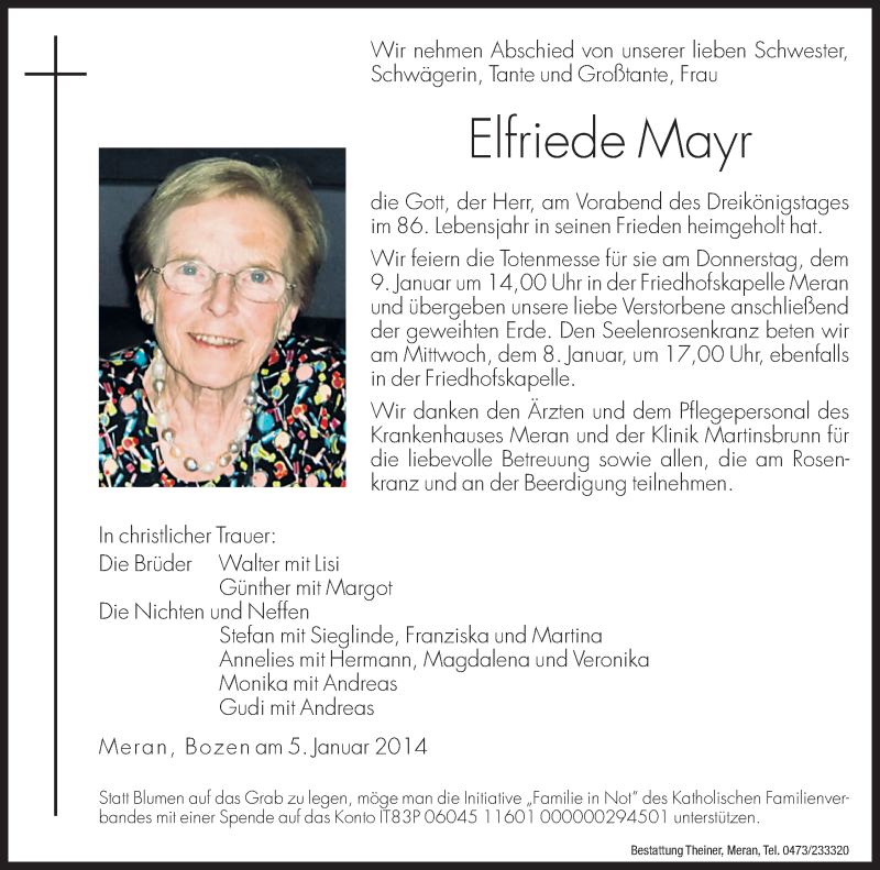  Traueranzeige für Elfriede Mayr vom 07.01.2014 aus Dolomiten
