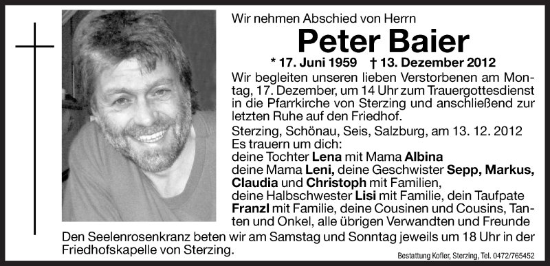  Traueranzeige für Peter Baier vom 15.12.2012 aus Dolomiten
