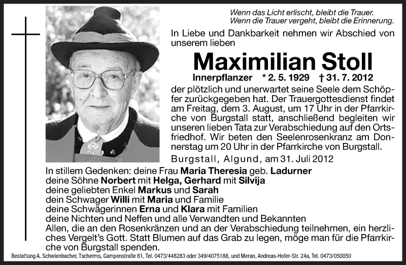  Traueranzeige für Maximilian Stoll vom 01.08.2012 aus Dolomiten