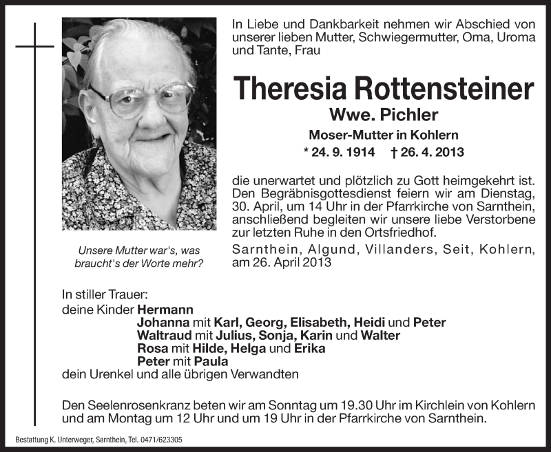  Traueranzeige für Theresia Rottensteiner vom 27.04.2013 aus Dolomiten