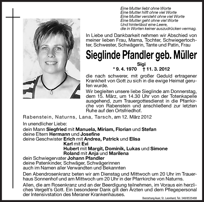  Traueranzeige für Sieglinde Pfandler vom 13.03.2012 aus Dolomiten