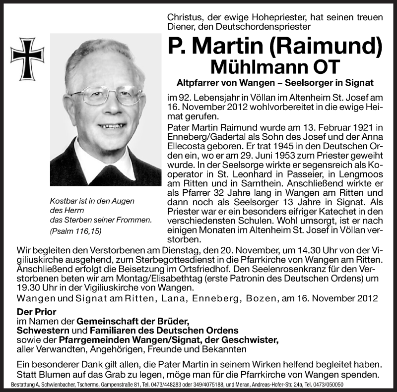  Traueranzeige für P. Martin (Raimund) Mühlmann vom 19.11.2012 aus Dolomiten