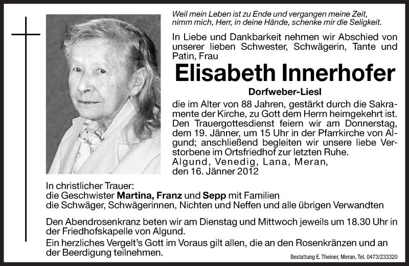  Traueranzeige für Elisabeth Innerhofer vom 17.01.2012 aus Dolomiten