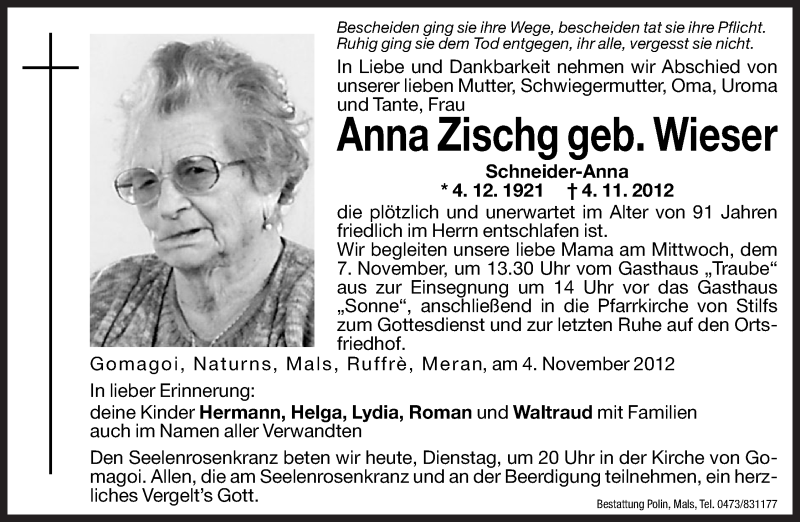  Traueranzeige für Anna Zischg vom 06.11.2012 aus Dolomiten