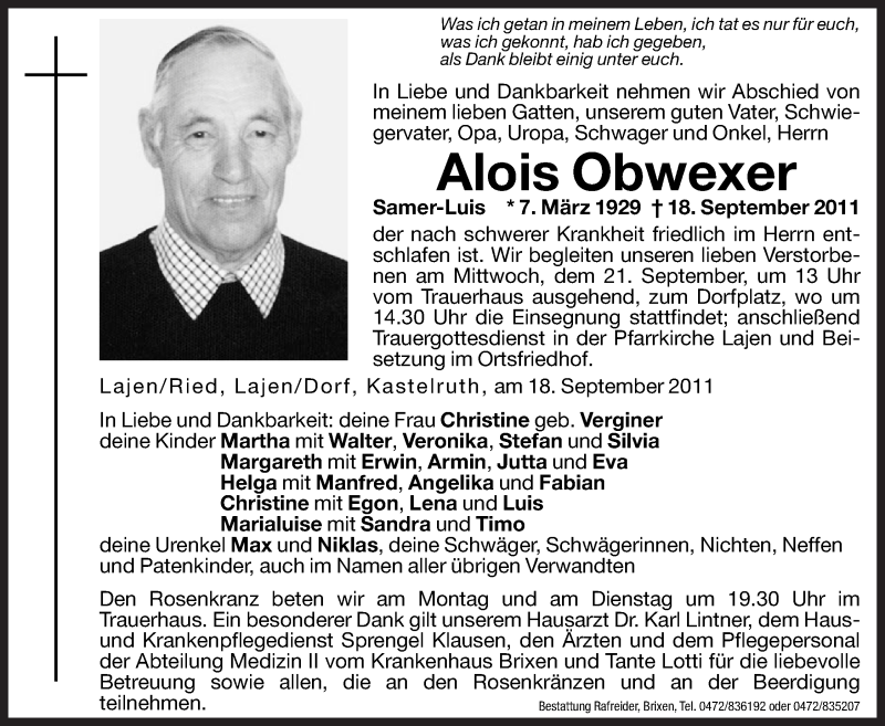  Traueranzeige für Alois Obwexer vom 19.09.2011 aus Dolomiten