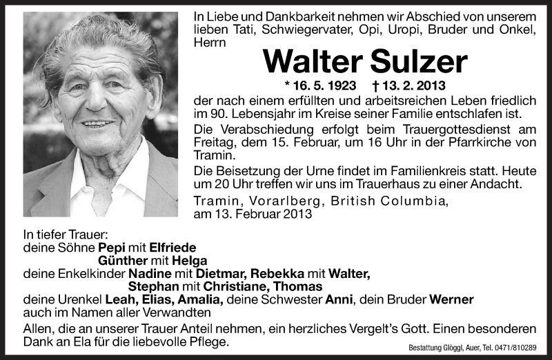  Traueranzeige für Walter Sulzer vom 14.02.2013 aus Dolomiten