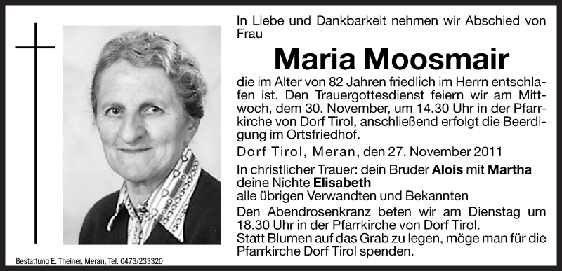  Traueranzeige für Maria Moosmair vom 29.11.2011 aus Dolomiten