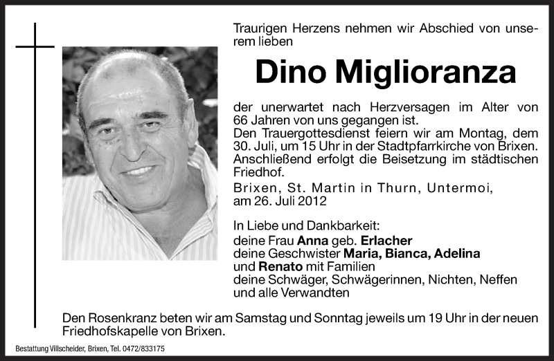  Traueranzeige für Dino Miglioranza vom 28.07.2012 aus Dolomiten