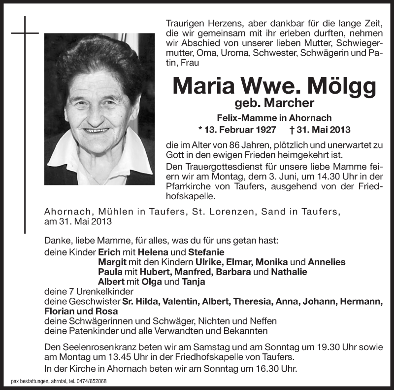  Traueranzeige für Maria Mölgg vom 01.06.2013 aus Dolomiten